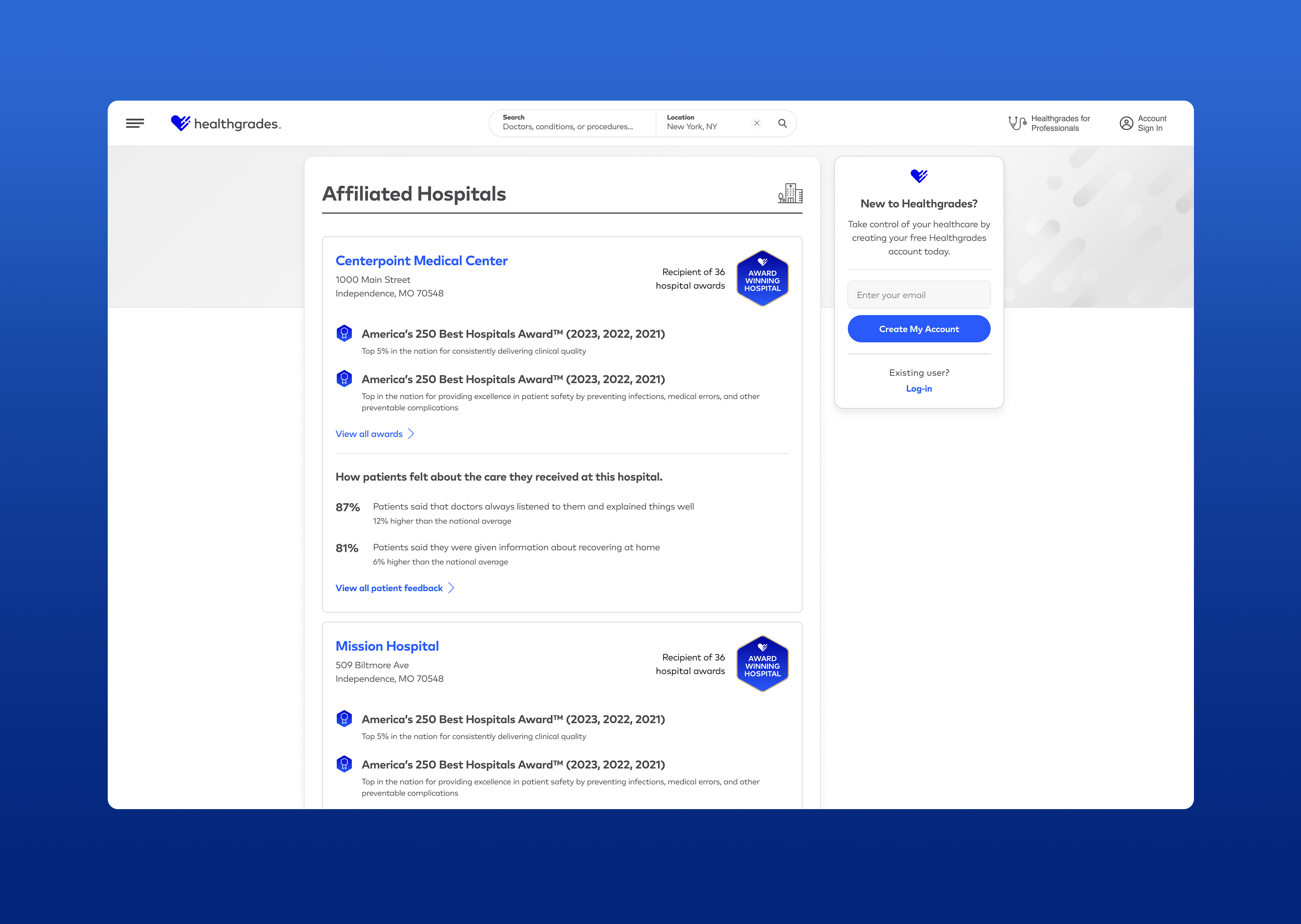 Healthgrades Affiliated Hospitals section