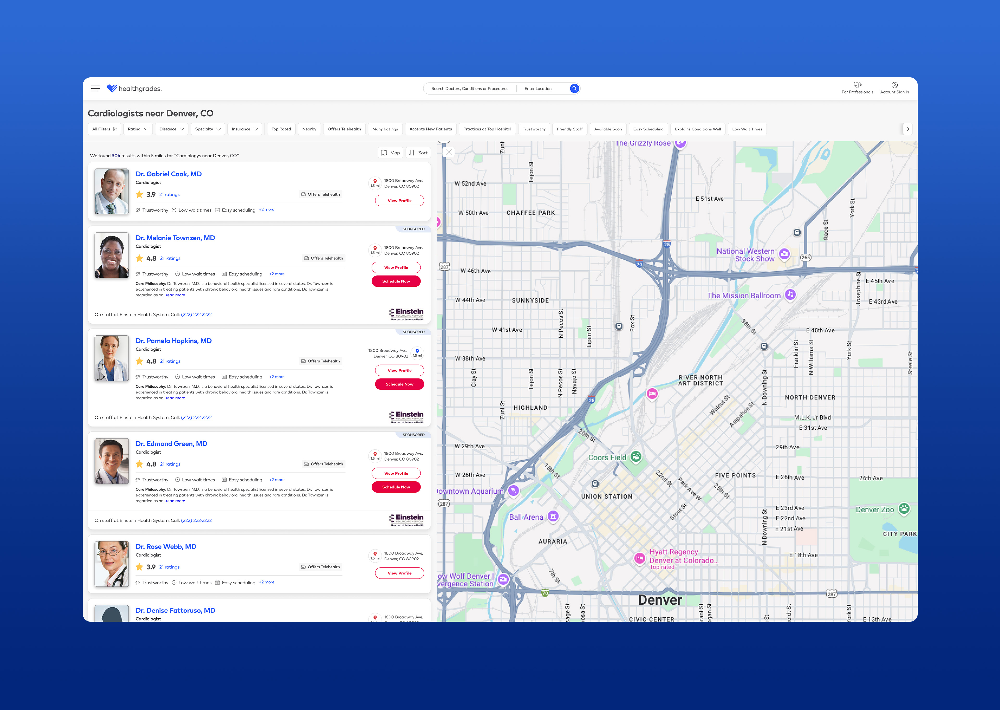 Healthgrades search results with map view