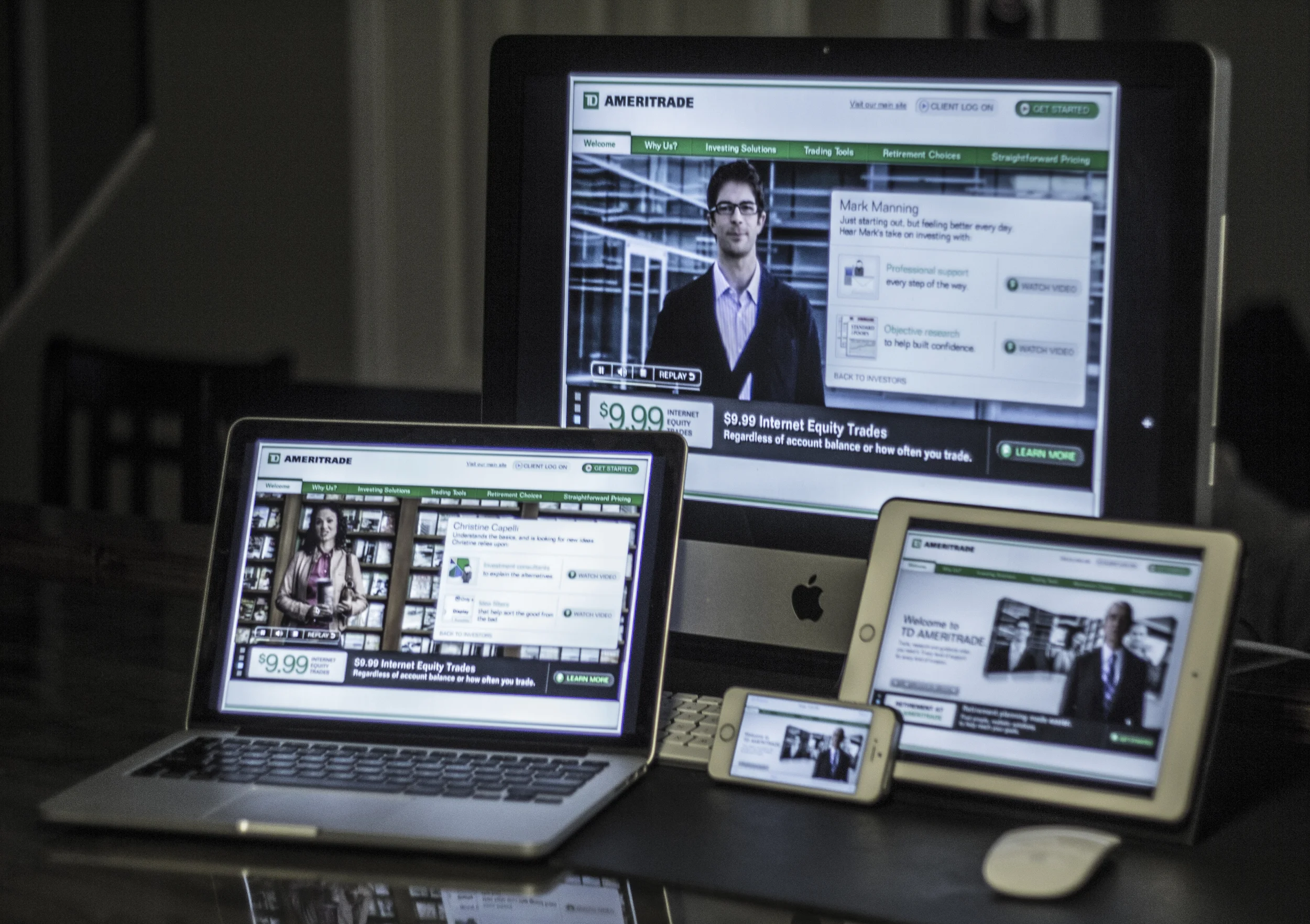 TD Ameritrade site across desktop, laptop, tablet, and phone