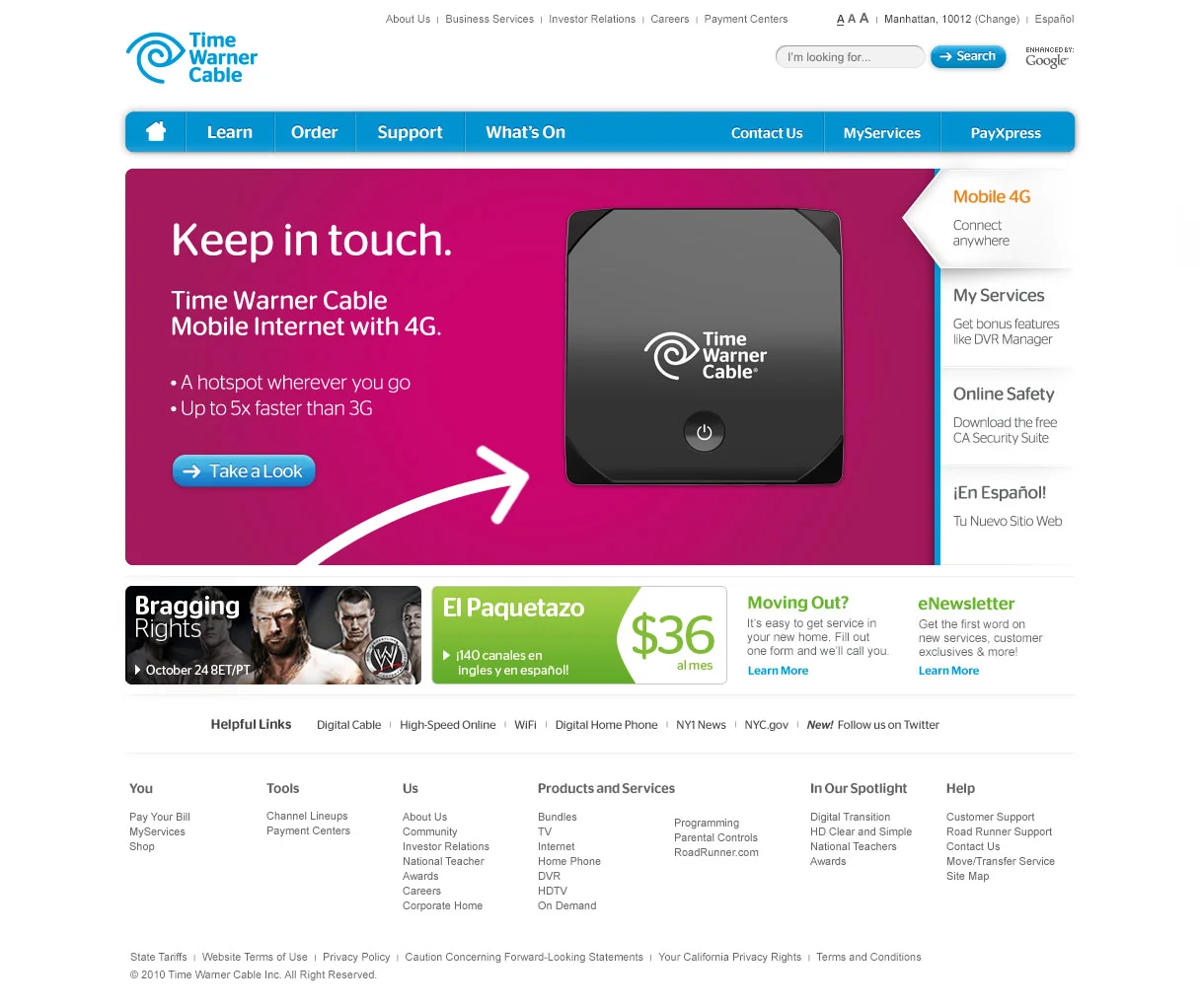 Time Warner Cable homepage — Mobile 4G hotspot promotion